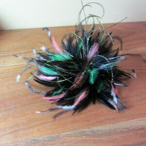 feather flower hair clip brooch Fascinator hand made Black turquoise (445B)